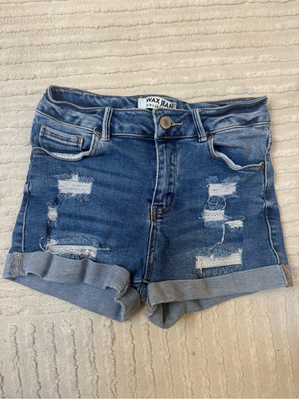 Wax Jean Medium Blue Distressed Rolled Cuff Denim Shorts
